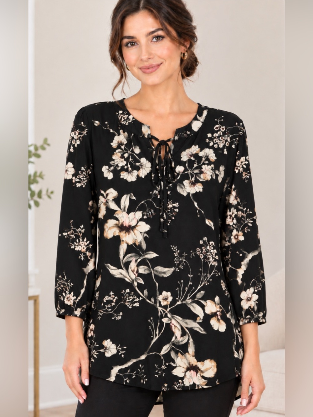 WHBM Black Floral Tie-Neck Blouse Top XL
